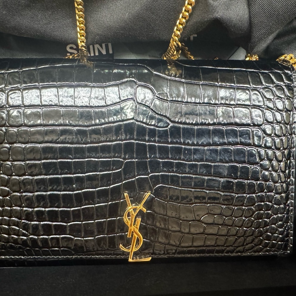 Saint Laurent Black Leather Bag with Gold Chain